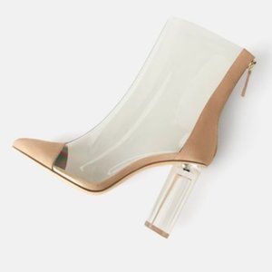 Zara Transparent/Cream Natural Heeled Vinyl Ankle Boots/Booties Women's Size 38